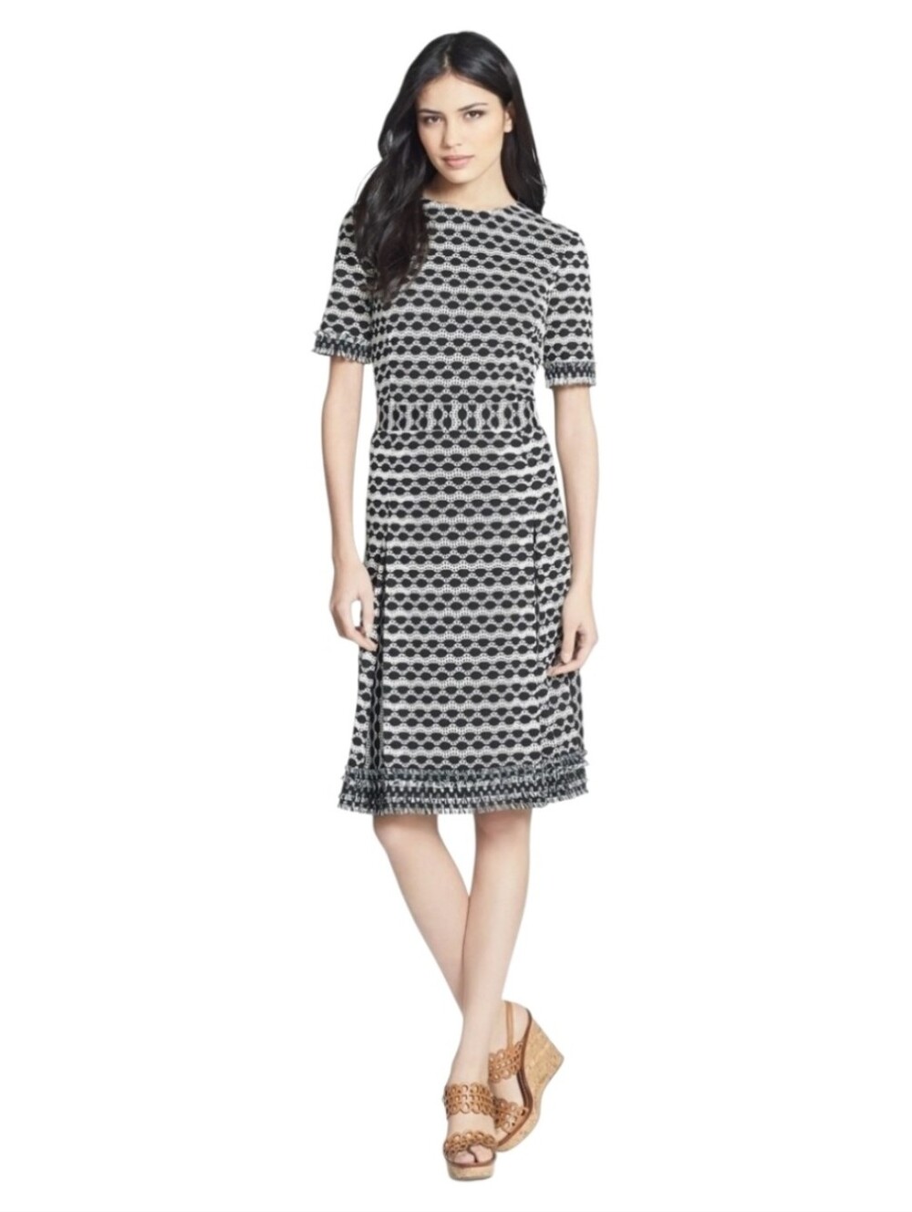 Tory Burch Paulina Open-Knit Striped Fringe Hem Knee Length Dress. Size Medium
